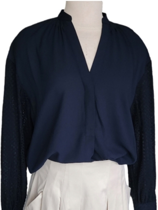 Club Monaco Tops - Club Monaco Navy Blue Lace Sleeve Blouse